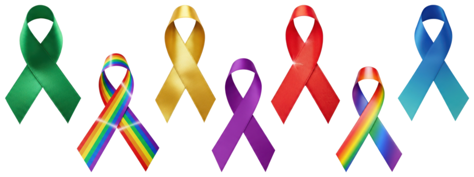 A colorful collection of various awareness ribbons for health, cancer, and social causes