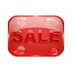 Glossy red sale button with rounded corners and embossed text isolated on transparent background