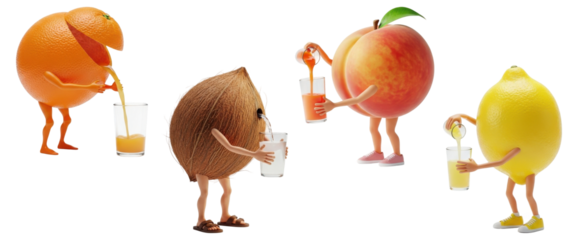 A whimsical collection of cartoon fruit characters pouring fresh juice into glasses