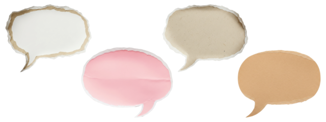 A set of colorful blank speech bubbles made from torn and wrinkled paper