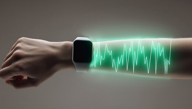 Close-up of wrist wearing white smartwatch with futuristic glowing green data waveform overlay, biometric tracking concept - Powered by Adobe