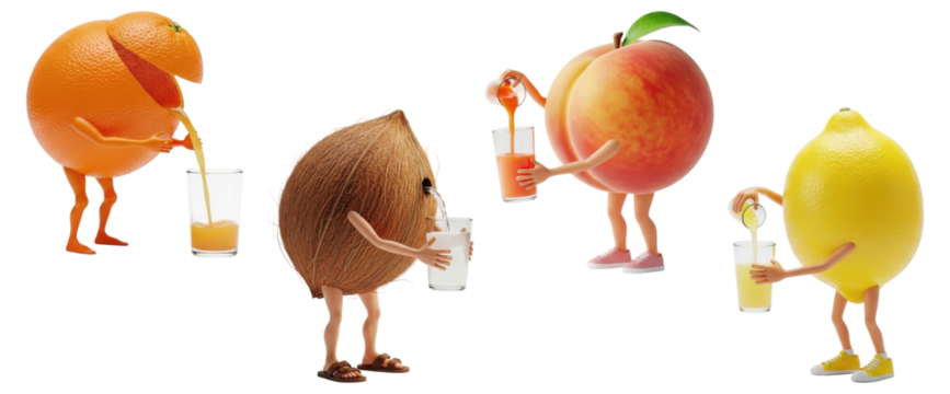 A whimsical collection of cartoon fruit characters pouring fresh juice into glasses