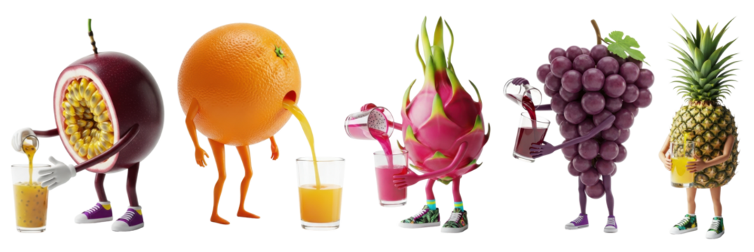 A whimsical set of fresh fruit cartoon characters pouring their own natural juice into glasses