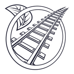 Illustration of a railroad track inside a circle with leaves, symbolizing sustainable transportation and ecofriendly travel
