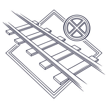 Illustration of a railroad track with a crossbuck sign inside a diamond, symbolizing railway safety and caution
