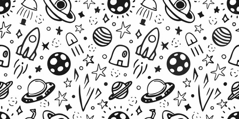 Whimsical hand drawn space pattern with rockets planets stars and ufos © SreemotiRaba