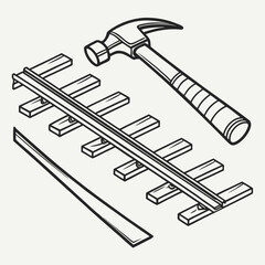 A simple line art illustration of a toy train track being assembled with a hammer, conveying a sense of childhood creativity and construction