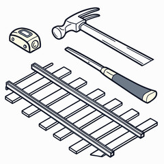 Illustration of railroad track construction tools including a hammer, chisel, level, and railroad track isometric view