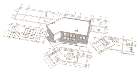 house architectural project sketch 3d illustration	
