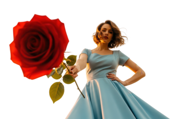 An elegant woman in a classic blue gown offers a large, perfect red rose