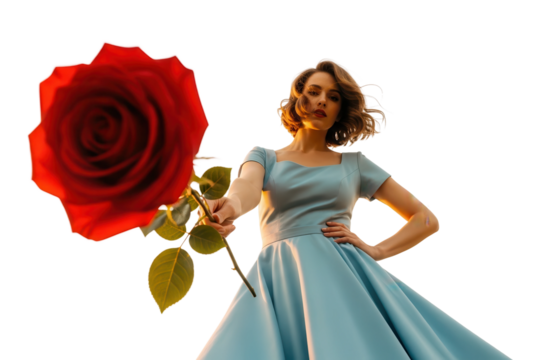 An elegant woman in a classic blue gown offers a large, perfect red rose