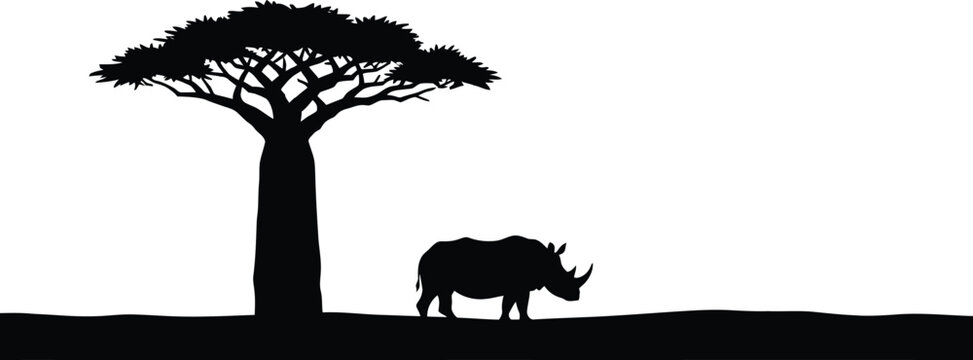 African Safari Silhouette of a Rhino Standing Under a Baobab Tree with Ground Line Horizon, AI Generative