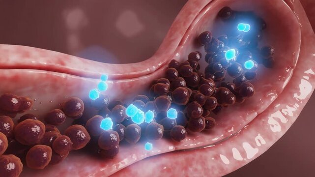 Close up of blood vessel with dark cells and blue glowing elements inside the vessel wall view