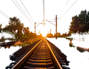 A linear perspective view down railway tracks at sunset, framed by trees and utility poles against a dark backdrop
