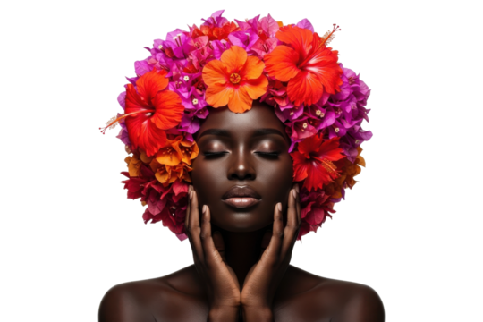 A beautiful Black woman with a vibrant floral afro gently touching her face