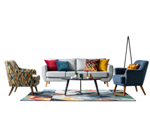 A living room scene featuring a light gray couch with colorful pillows, two armchairs, a coffee table, and a patterned rug