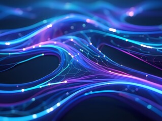 Wave abstract. Futuristic glowing surface. Wavy neon dots. Geometric mesh. Web design. Black background. Isolated.Violet and orange.