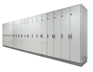 A long row of closed, grey lockers fill the frame. Each door has a handle and locking mechanism, implying storage