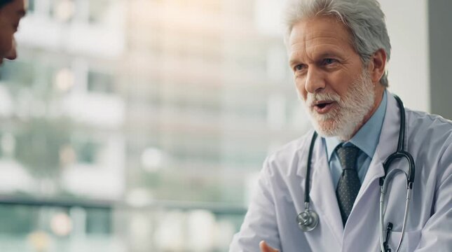 Doctor consulting with a patient in a bright medical office, maintaining a professional yet empathetic tone. Clean, well-lit environment emphasizes trust, care, and effective communication.
