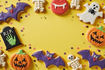 Halloween cookies background, spooky treats, party decorations, yellow backdrop