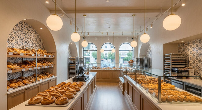 Becary Bakery Interior Bread Display Counter Pastry Shop Artisan Loaves Fresh Design