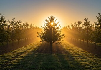 Radiant morning sun illuminates rows of fruit trees in a serene orchard, casting long shadows and a magical, golden backlight effect ,backlit ,peaceful ,idyllic
