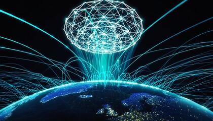 Stunning 3D render of glowing wireframe geodesic dome floating above planet Earth with network connections, global communication concept