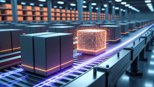Orange glowing cube passes alongside standard boxes on an automated warehouse conveyor belt, illustrating smart logistics, digital tracking, data monitoring, supply chain technology implementation - Powered by Adobe