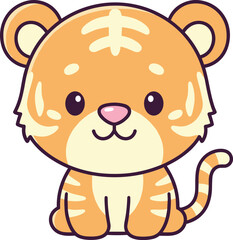 Cartoon baby tiger, cute animal character, orange striped cub, kids illustration, friendly jungle creature, vector art, smiling face, adorable design