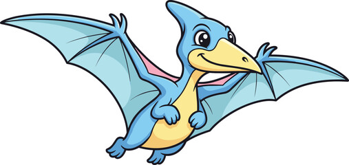 Cartoon blue pterodactyl, cheerful flying dinosaur, friendly prehistoric creature, kids illustration, vector art, smiling face, pink wings, playful design © Hasib World