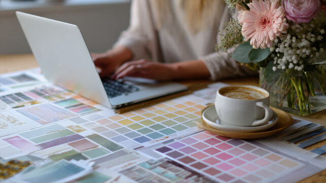 A designer works on a laptop in a bright home office, surrounded by color swatch palettes, mood boards, a cup of coffee, bouquet of flowers. Focuses on creative work, aesthetics, remote design jobs.
