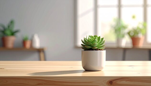 Serene Succulent: A solitary succulent plant in a pristine white pot, centered on a light wooden table bathed in the soft glow of natural daylight, evoking a sense of calm and tranquility.