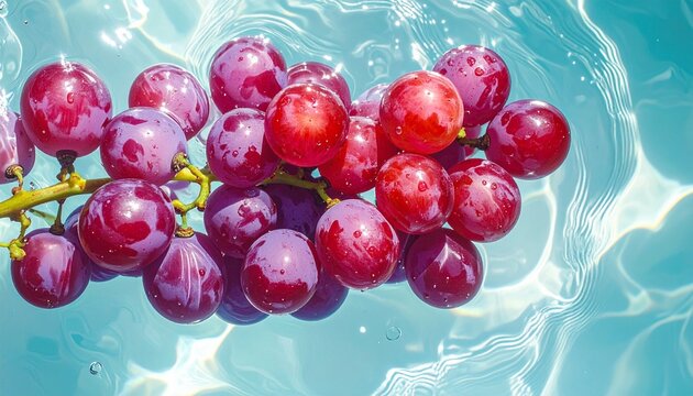 Grape Serenity: A bunch of succulent, ripe red grapes floats serenely in pristine, cool water, offering a refreshing and visually captivating scene.