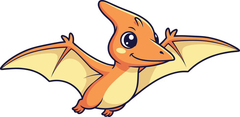 Cartoon pterodactyl character, orange flying dinosaur, cheerful prehistoric animal, kids illustration, smiling wingspread dino, vector art, white background, fun