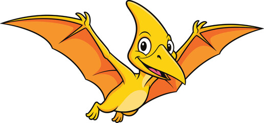 Cartoon pterodactyl, flying dinosaur character, yellow and orange wings, smiling prehistoric animal, kids illustration, cheerful pose, cute design, vector art