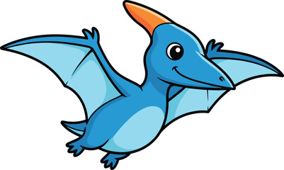 Cartoon pterodactyl, flying dinosaur, blue body, orange crest, smiling face, kids illustration, prehistoric animal, cute reptile, children art, educational image