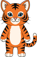 Cartoon tiger character, orange fur, black stripes, white belly, cheerful expression, standing pose, kids illustration, cute animal, vector art