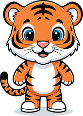 Cartoon upright tiger, cute animal character, orange striped creature, kids illustration, smiling jungle mascot, vector art, cheerful design, friendly pose