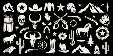 Collection of western and wild west icons and symbols on black background