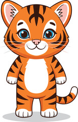Cartoon upright tiger, cute animal character, orange striped creature, kids illustration, vector art, smiling face, blue eyes, playful design