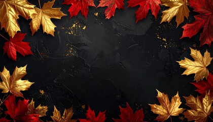 Golden Autumn Leaves on Black: An artistic display of vibrant gold and red leaves delicately arranged, framing a dark, textured background, creating a mood of warmth and seasonal change.