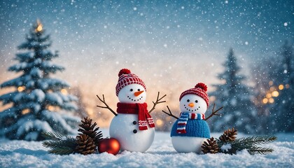 Two cute handcrafted snowmen with red scarves and hats standing in snowy winter forest, festive Christmas holiday scene