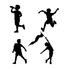 Kids Silhouette Set Active Boy Poses Running, Jumping, Backpack & Flag Vector