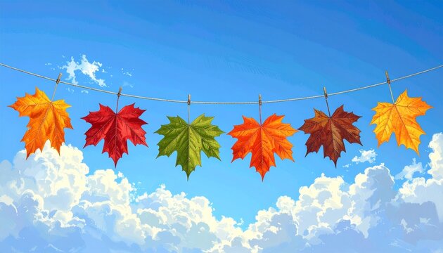 Autumn Leaves Garland: A vibrant garland of colorful autumn leaves hangs gracefully against a backdrop of a bright blue sky adorned with fluffy clouds, capturing the essence of fall. - Powered by Adobe