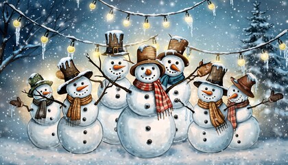 Group of cheerful handcrafted snowmen with top hats and scarves standing under string lights in snowy winter night, festive Christmas greeting