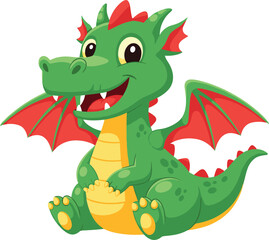 Cute cartoon dragon sitting, green body, red wings, yellow belly, smiling creature, children illustration, fantasy animal, friendly pose, mythical character