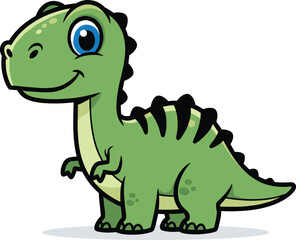 Fototapeta premium Cute green dinosaur cartoon, friendly prehistoric animal, kids illustration, smiling dino character, vector art, white background, playful creature, fun