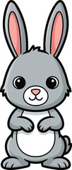 Gray cartoon rabbit, cute bunny character, standing animal pose, pink ears, white belly, kids illustration, cheerful mascot, simple design
