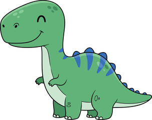 Green cartoon dinosaur, cute kids character, smiling dino illustration, upright pose, blue plates, friendly animal, playful design, children’s content