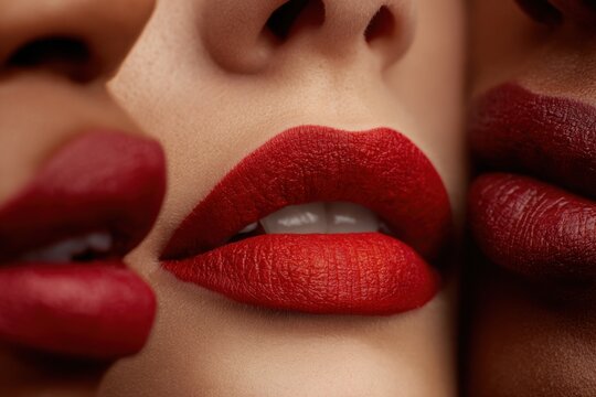 High-detail macro of red matte lipstick on smooth lips surrounded by contrasting skin tones, showcasing texture, shape and modern beauty aesthetics.